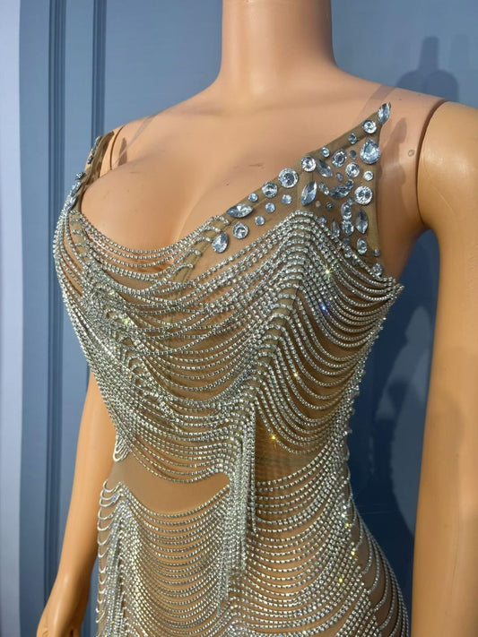CELESINYI Weiba Crystal Chain Swag Mini Dress