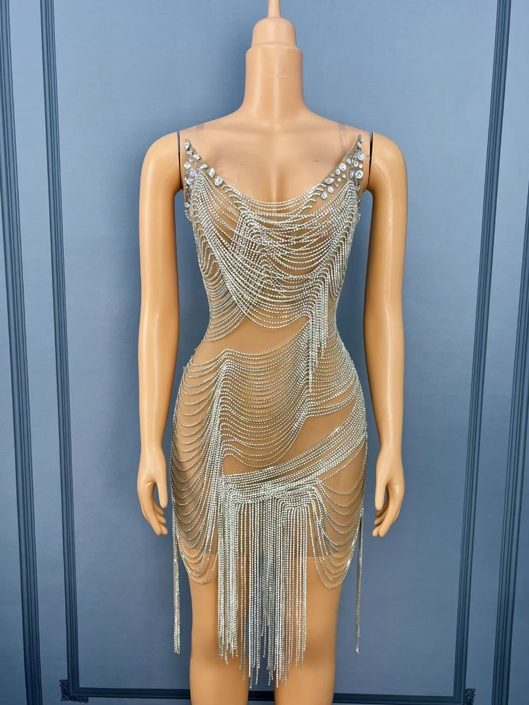 CELESINYI Weiba Crystal Chain Swag Mini Dress