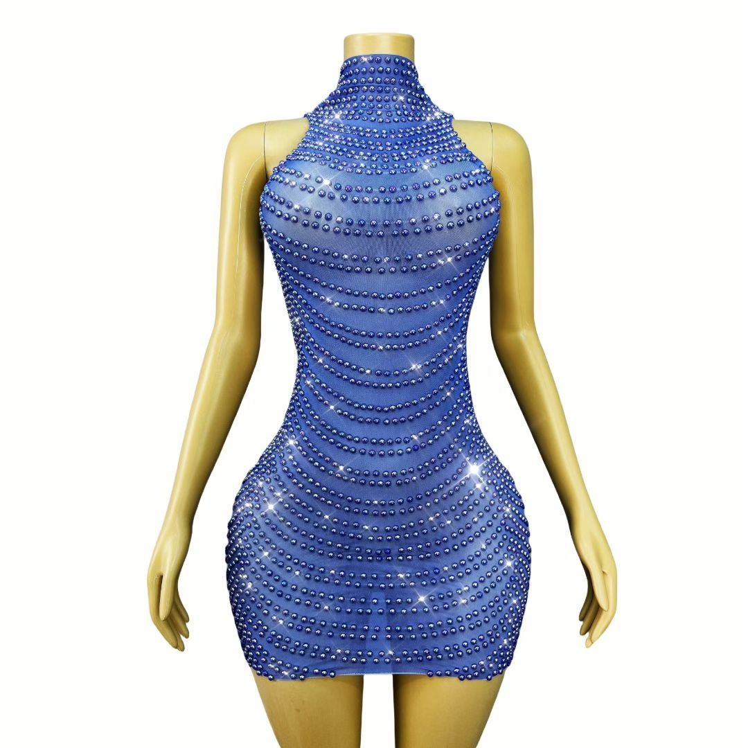 CELESINYI Qingkongwanli Crystal Royal Blue Mini Dress