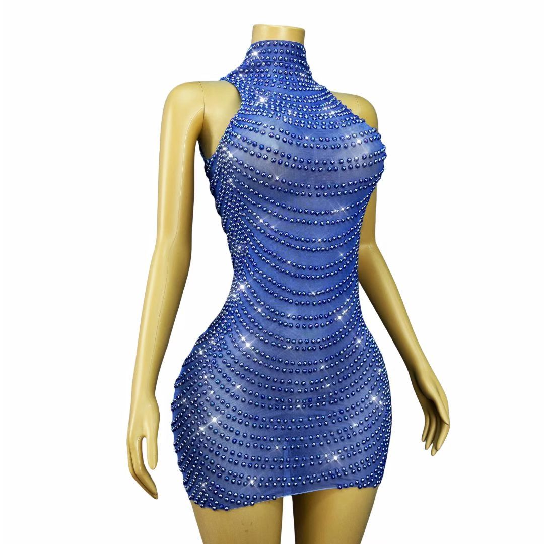 CELESINYI Qingkongwanli Crystal Royal Blue Mini Dress