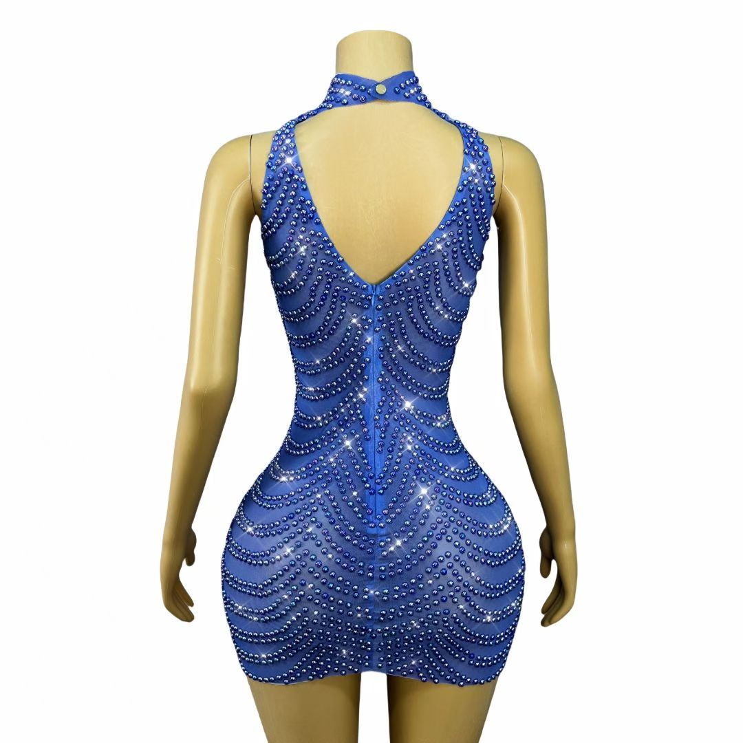 CELESINYI Qingkongwanli Crystal Royal Blue Mini Dress