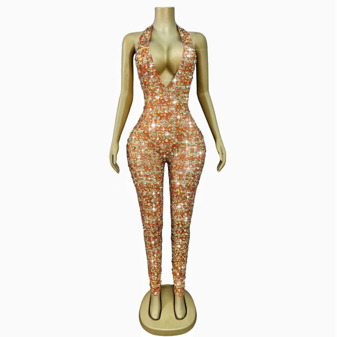 CELESINYI Qianjihua Crystal Orange Full Stone Jumpsuit