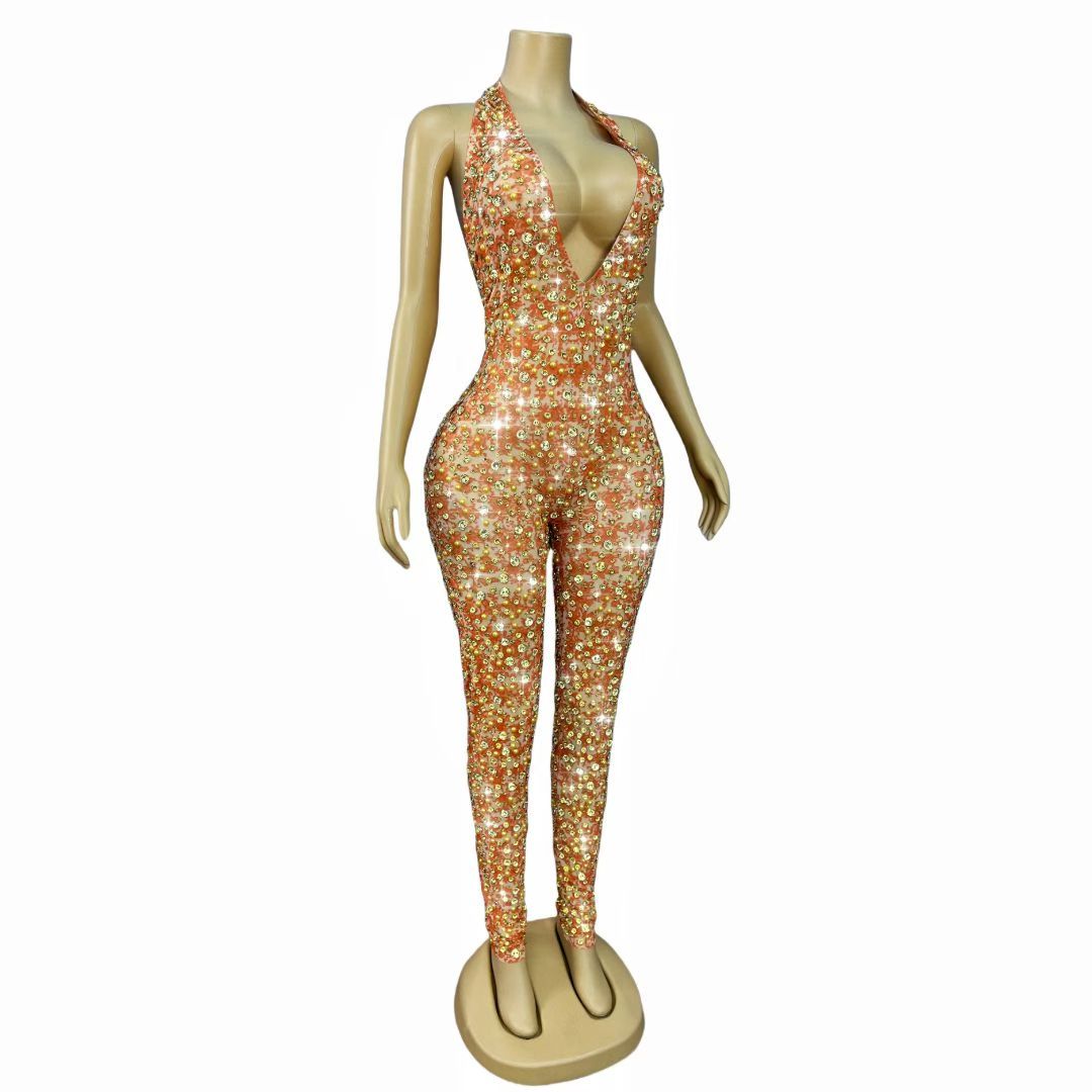 CELESINYI Qianjihua Crystal Orange Full Stone Jumpsuit
