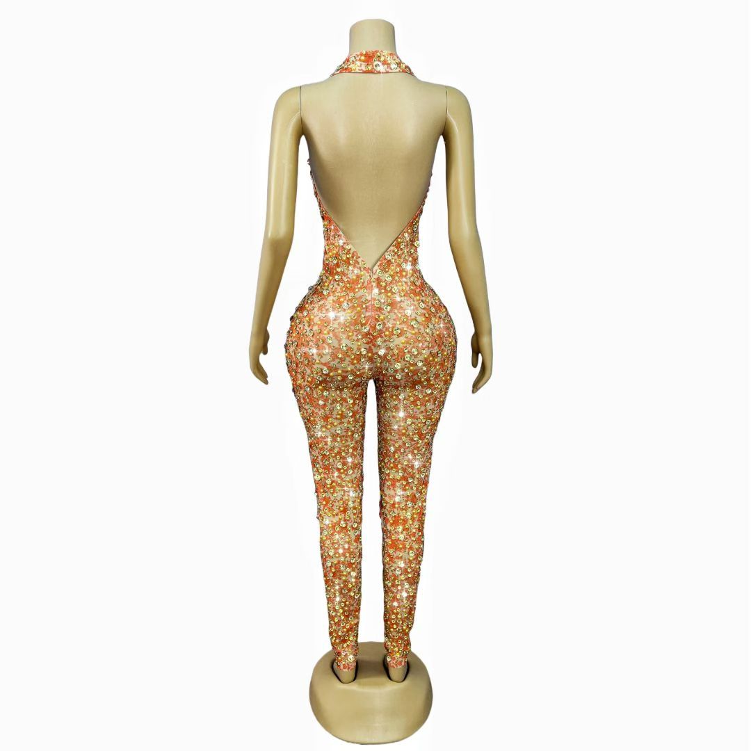 CELESINYI Qianjihua Crystal Orange Full Stone Jumpsuit