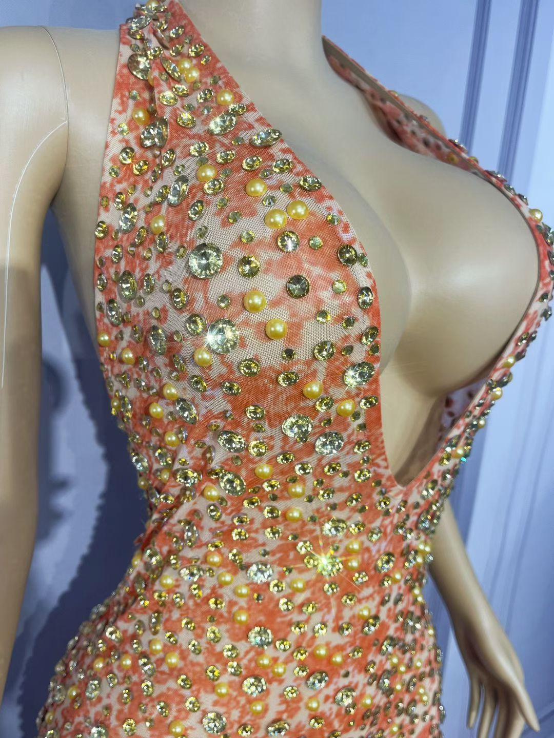CELESINYI Qianjihua Crystal Orange Full Stone Jumpsuit