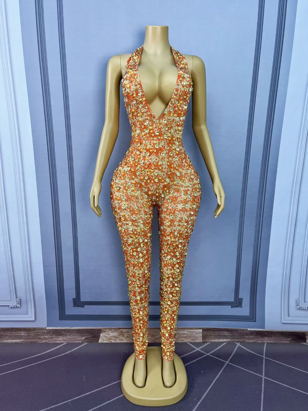 CELESINYI Qianjihua Crystal Orange Full Stone Jumpsuit