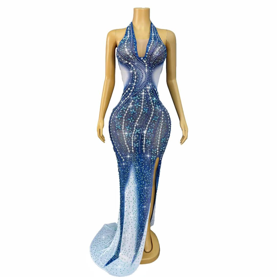 CELESINYI Lanbazhua Crystal Blue Ombre Mermaid Gown