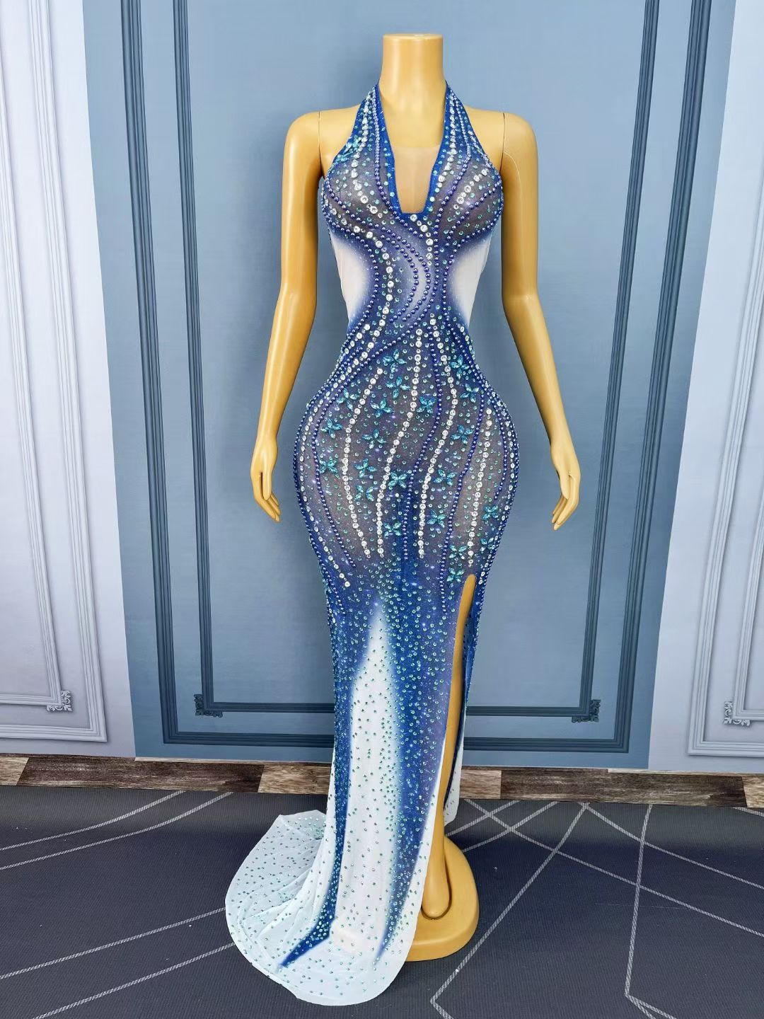 CELESINYI Lanbazhua Crystal Blue Ombre Mermaid Gown