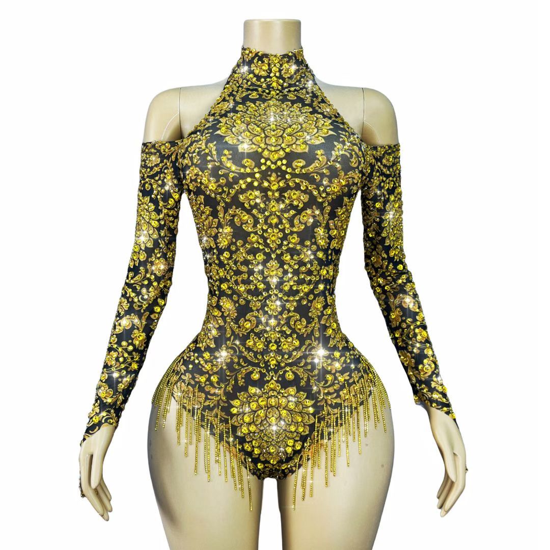 CELESINYI Jinhuanxu Crystal Gold Floral Bodysuit
