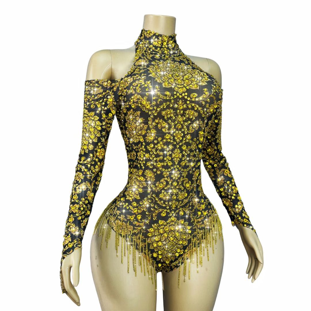 CELESINYI Jinhuanxu Crystal Gold Floral Bodysuit
