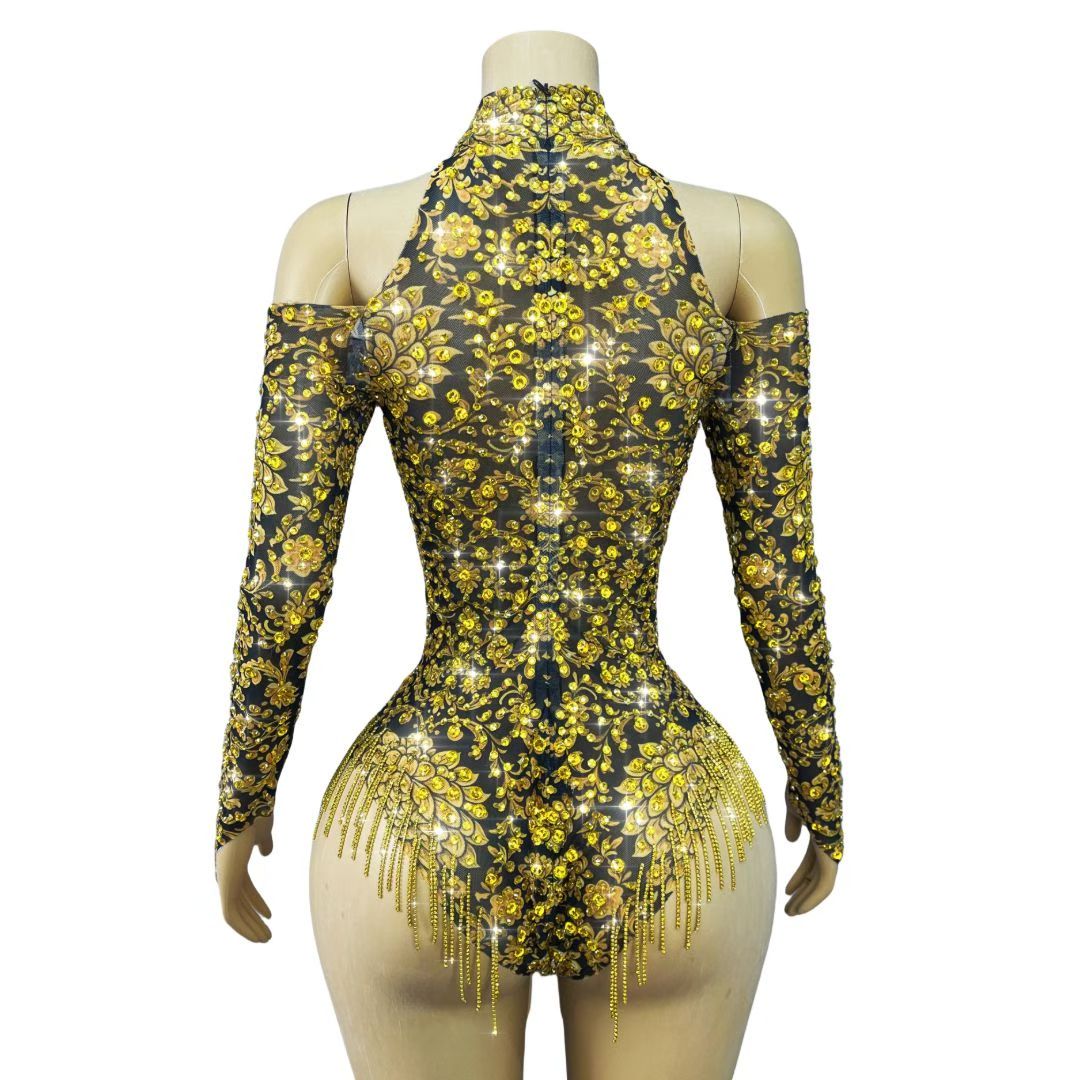 CELESINYI Jinhuanxu Crystal Gold Floral Bodysuit