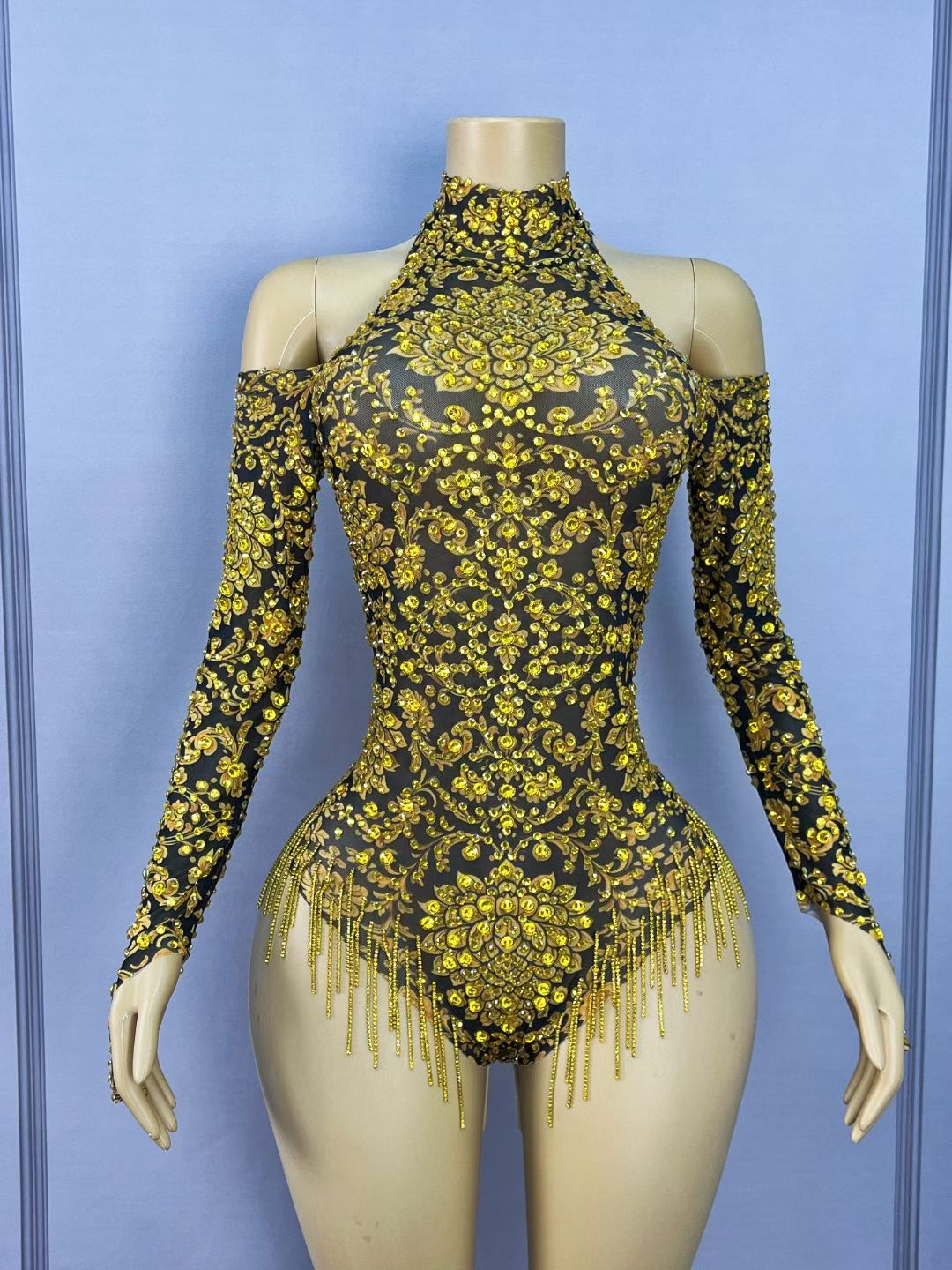 CELESINYI Jinhuanxu Crystal Gold Floral Bodysuit