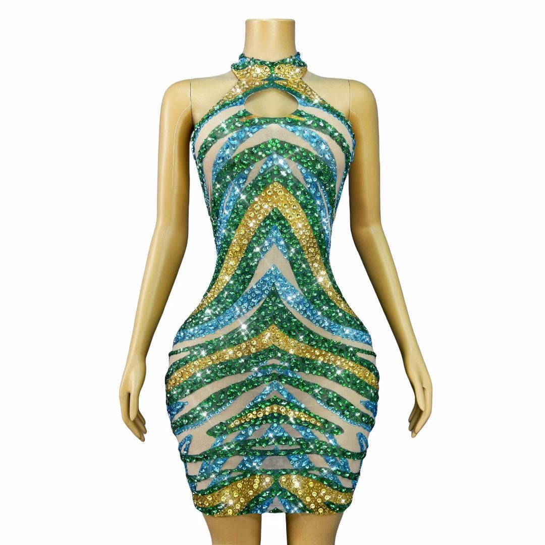 CELESINYI Jinguxian Crystal Tri-Color Wave Mini Dress