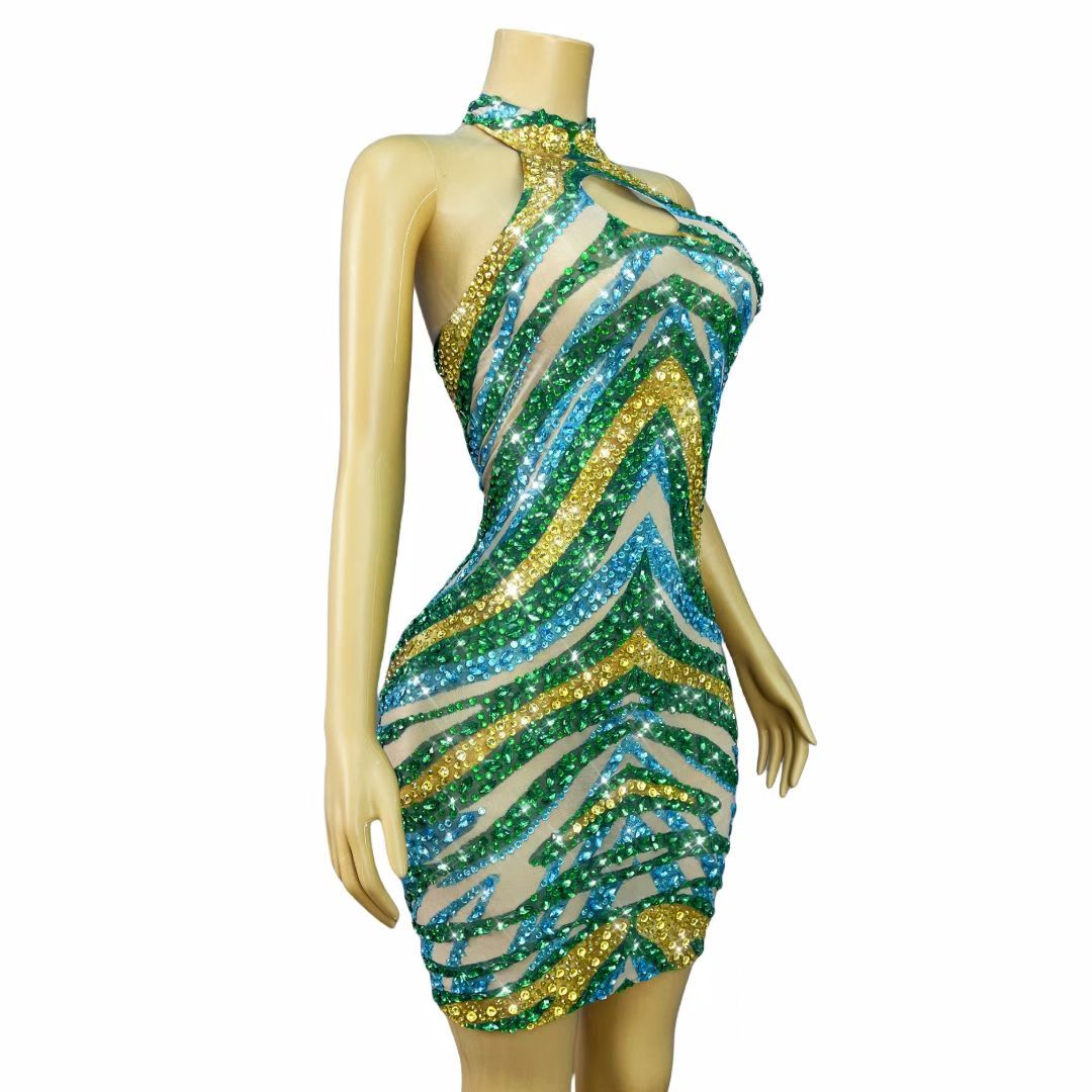 CELESINYI Jinguxian Crystal Tri-Color Wave Mini Dress