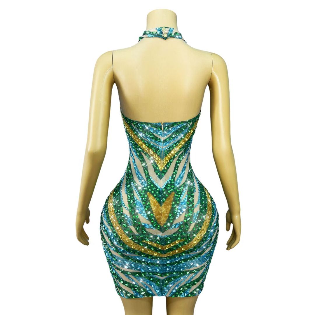 CELESINYI Jinguxian Crystal Tri-Color Wave Mini Dress