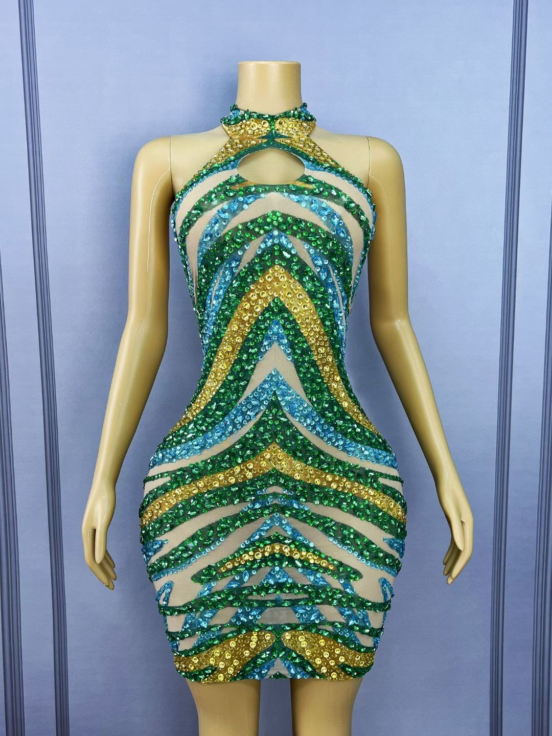 CELESINYI Jinguxian Crystal Tri-Color Wave Mini Dress