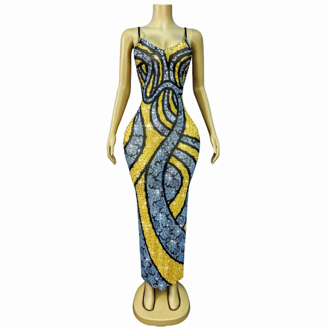 CELESINYI Huangleisi Crystal Yellow Lace Block Gown