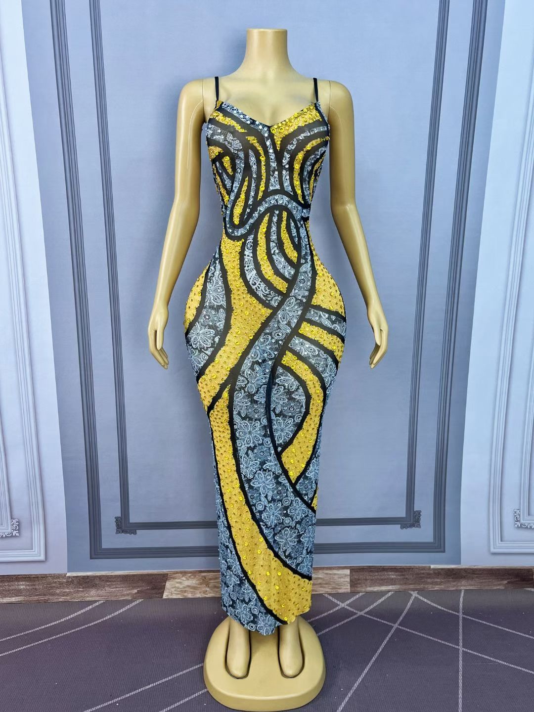 CELESINYI Huangleisi Crystal Yellow Lace Block Gown