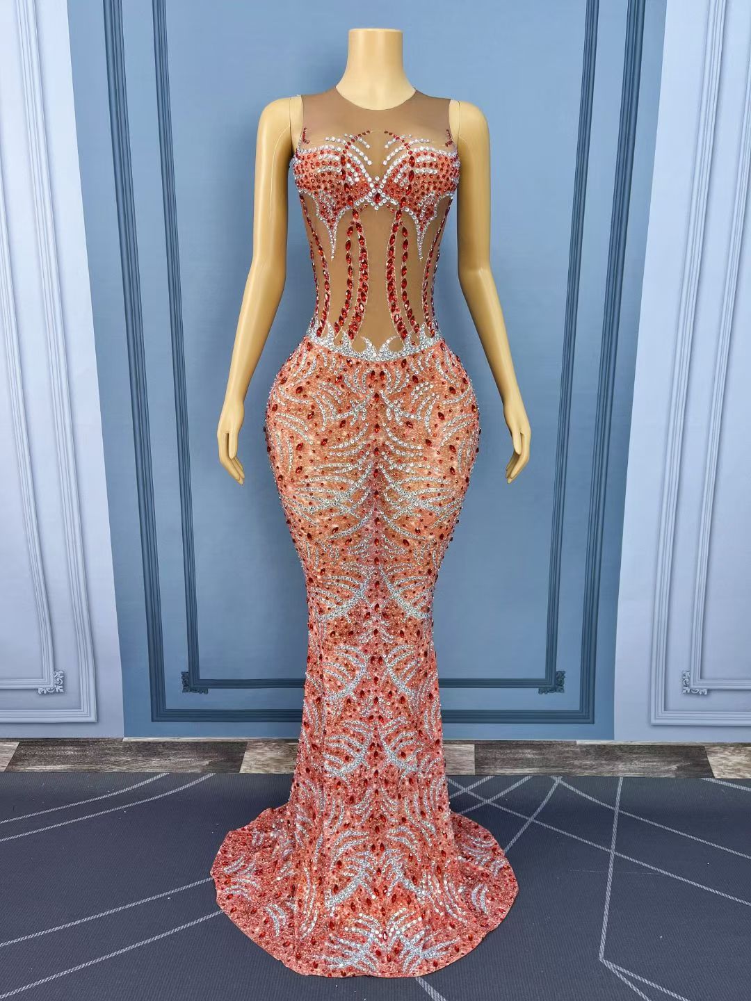 CELESINYI Hongri Crystal Sunburst Mermaid Gown