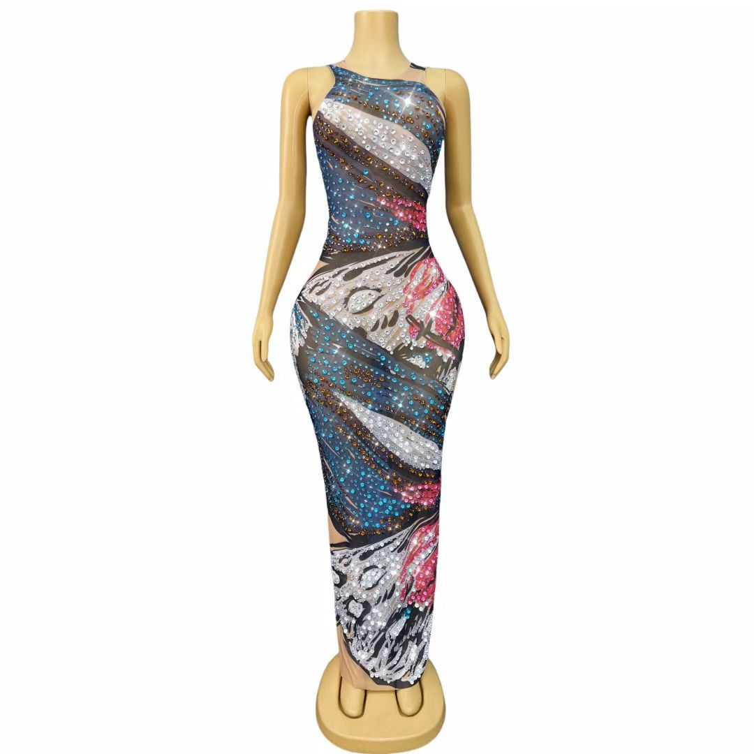 CELESINYI Huadie Crystal Butterfly Print Gown