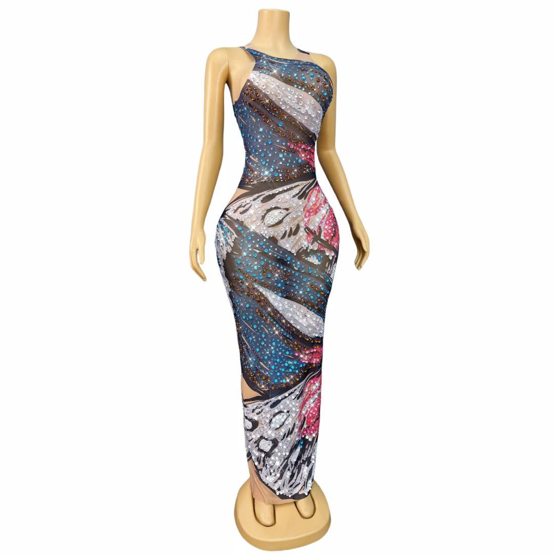 CELESINYI Huadie Crystal Butterfly Print Gown