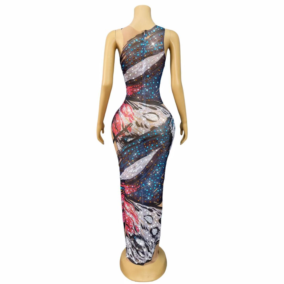CELESINYI Huadie Crystal Butterfly Print Gown