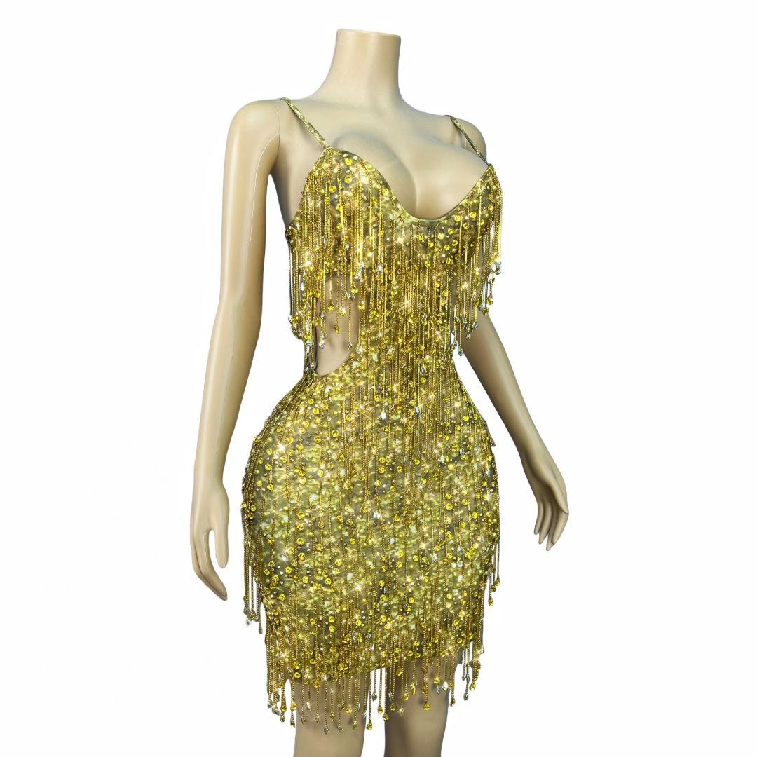 CELESINYI Huangjinkuang Crystal Gold Fringe Mini Dress