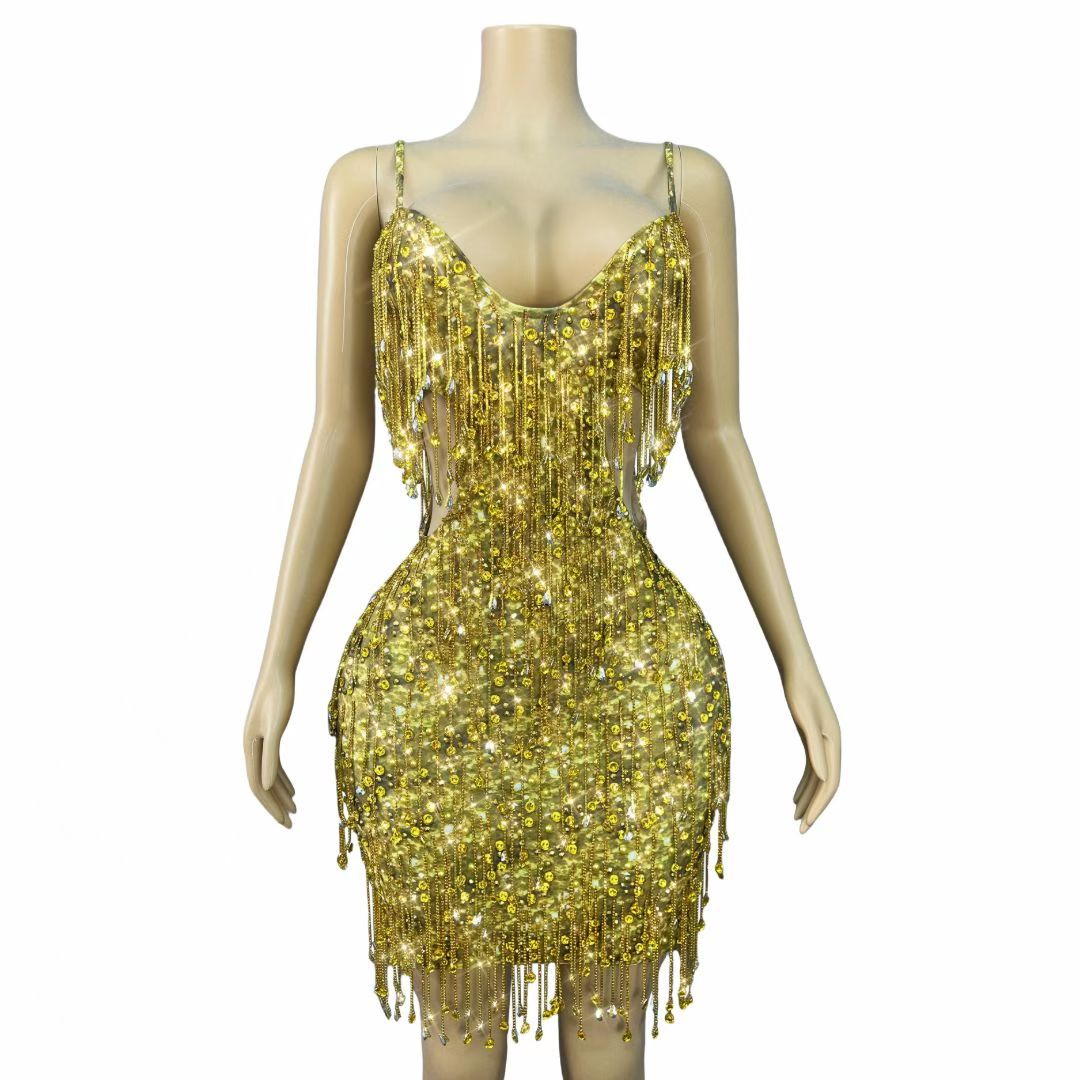 CELESINYI Huangjinkuang Crystal Gold Fringe Mini Dress