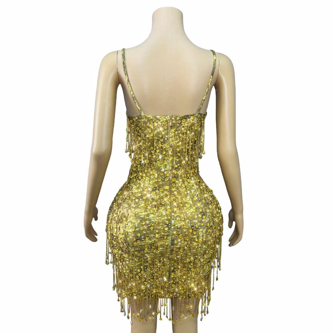 CELESINYI Huangjinkuang Crystal Gold Fringe Mini Dress