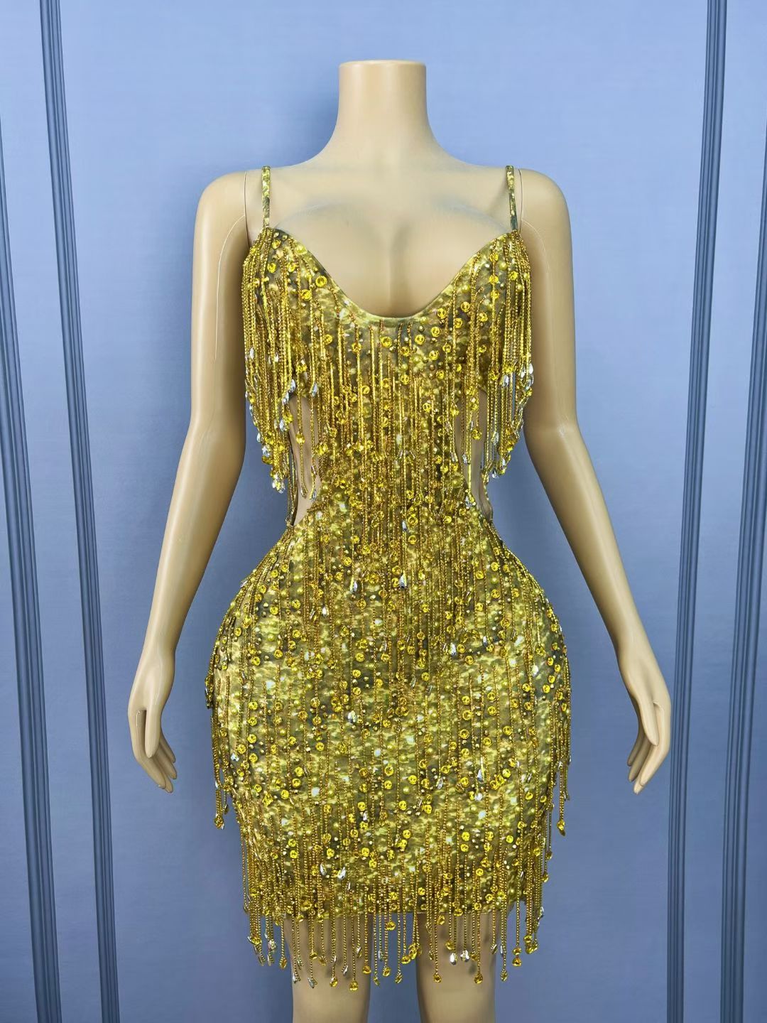 CELESINYI Huangjinkuang Crystal Gold Fringe Mini Dress