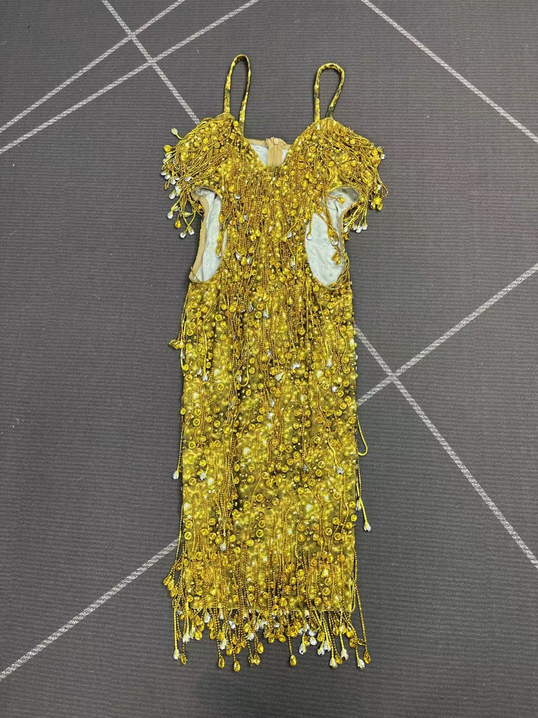 CELESINYI Huangjinkuang Crystal Gold Fringe Mini Dress