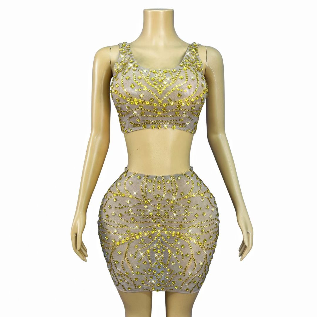 CELESINYI Jinzhuan Crystal Gold Crop Top Set