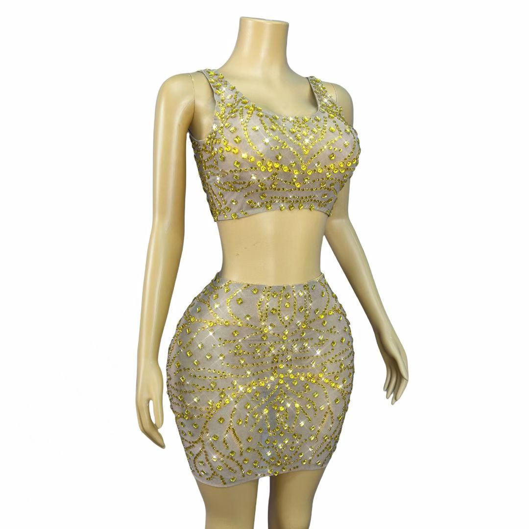 CELESINYI Jinzhuan Crystal Gold Crop Top Set