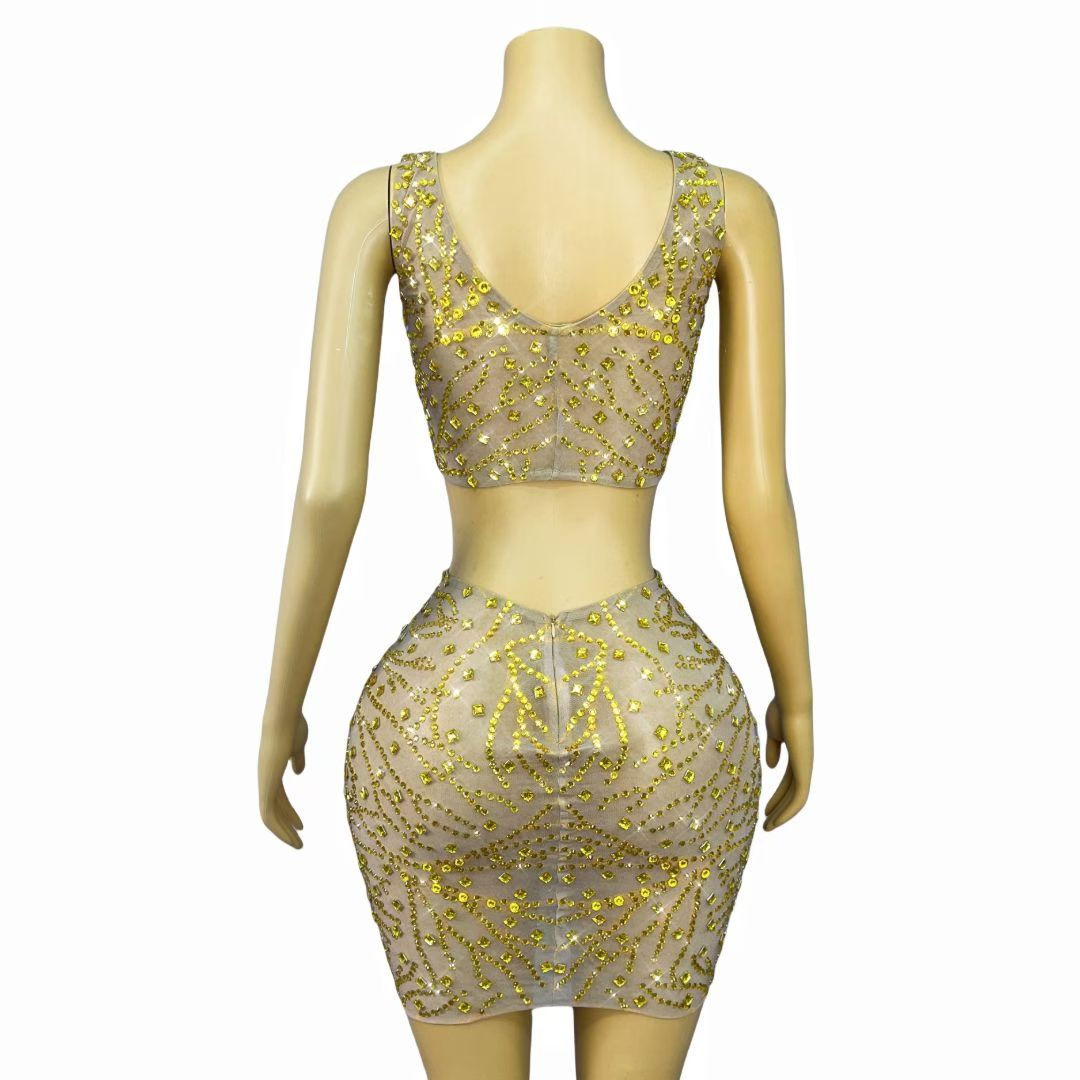 CELESINYI Jinzhuan Crystal Gold Crop Top Set