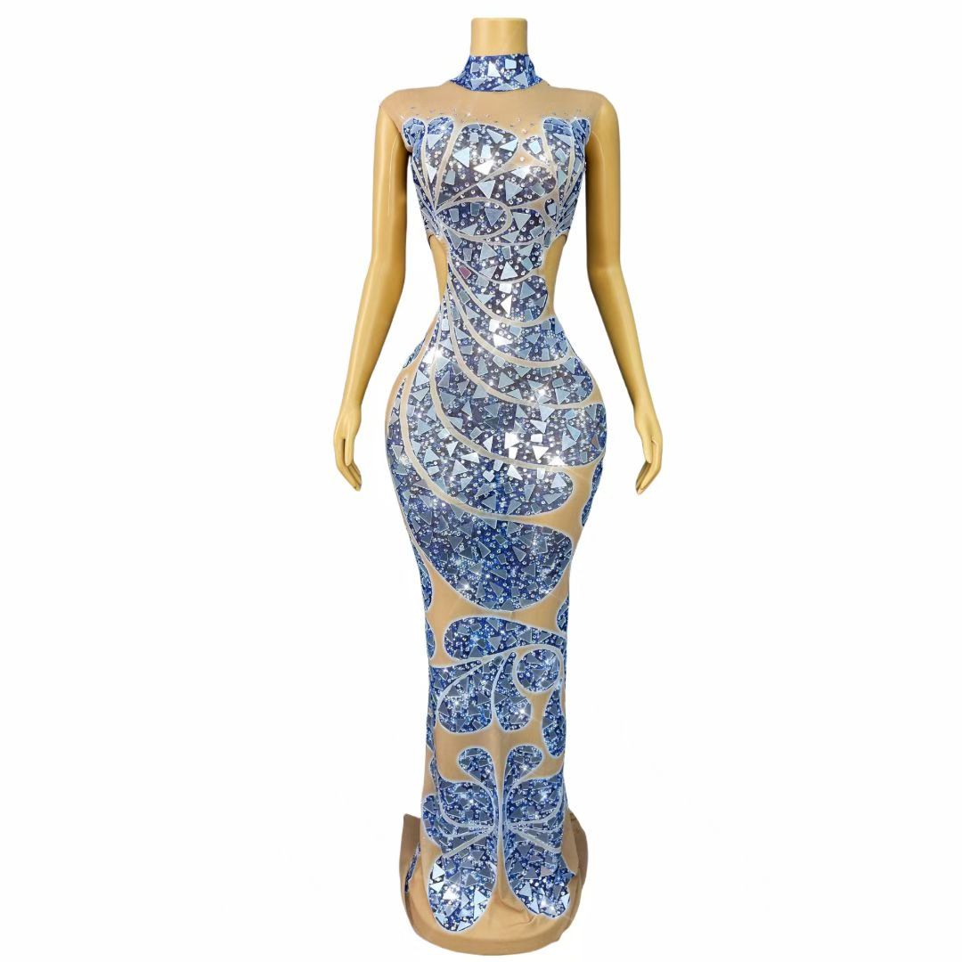 CELESINYI Lanxingwen Crystal Blue Mirror Illusion Gown