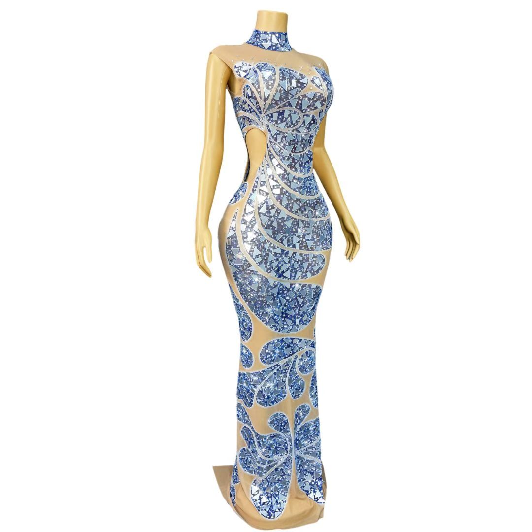 CELESINYI Lanxingwen Crystal Blue Mirror Illusion Gown