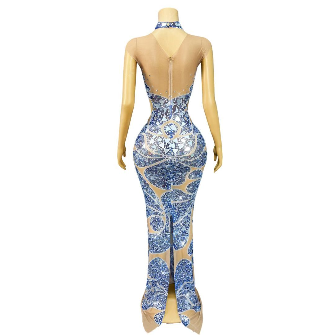 CELESINYI Lanxingwen Crystal Blue Mirror Illusion Gown