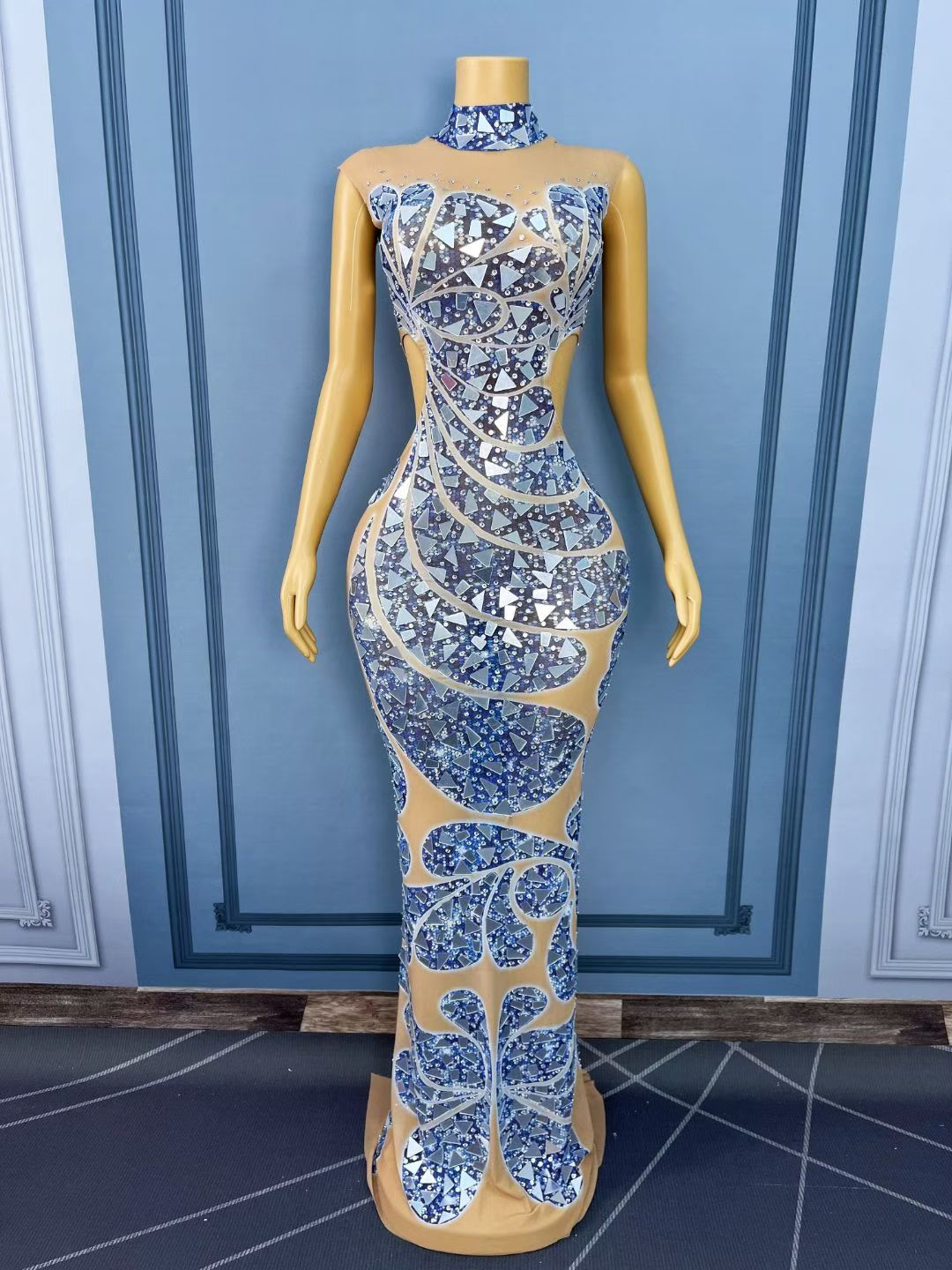 CELESINYI Lanxingwen Crystal Blue Mirror Illusion Gown