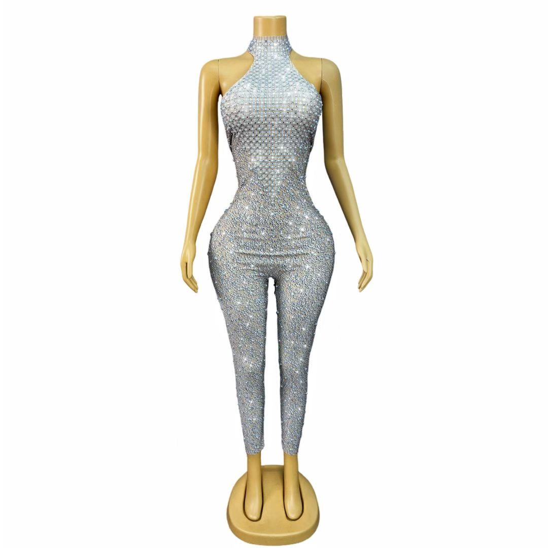 CELESINYI Jidian Crystal Pearl Grid Jumpsuit