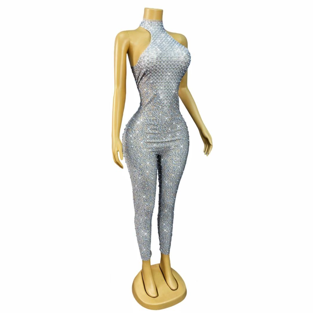 CELESINYI Jidian Crystal Pearl Grid Jumpsuit