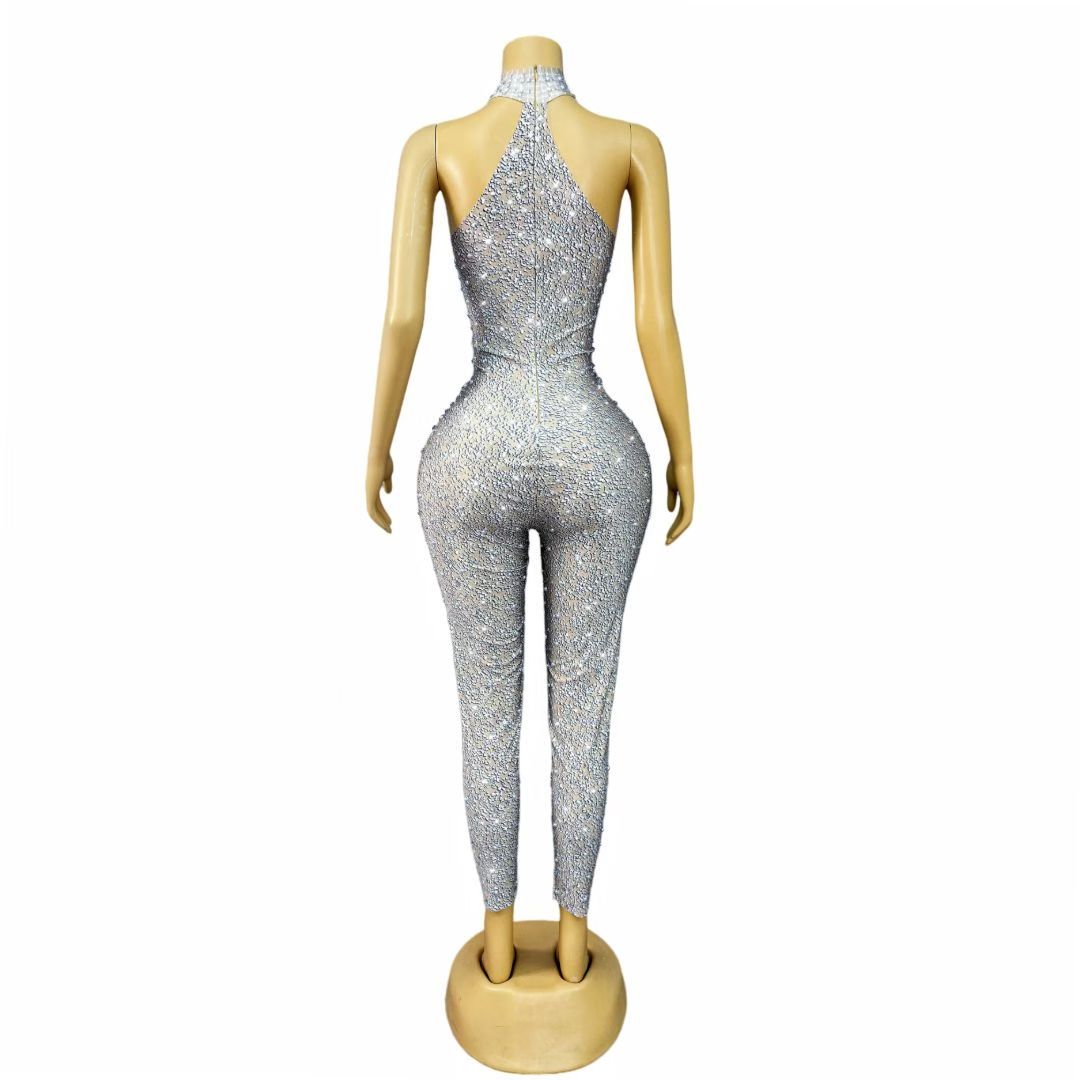 CELESINYI Jidian Crystal Pearl Grid Jumpsuit