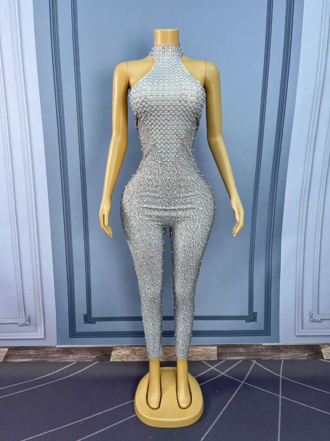 CELESINYI Jidian Crystal Pearl Grid Jumpsuit