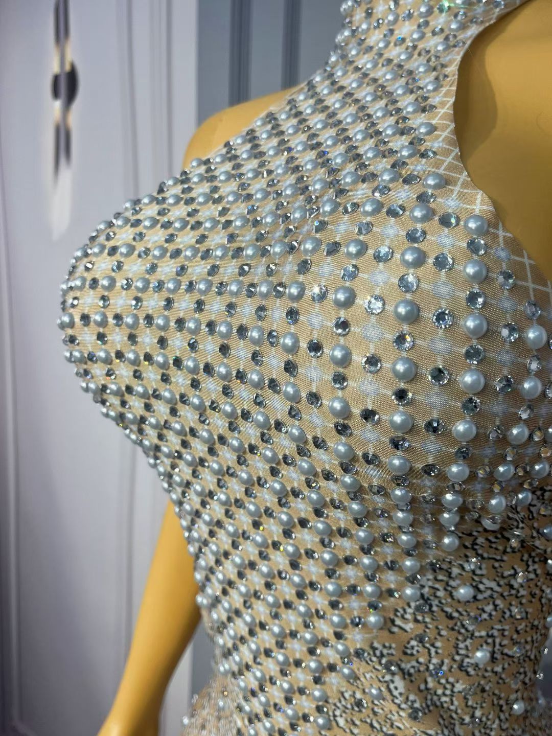 CELESINYI Jidian Crystal Pearl Grid Jumpsuit