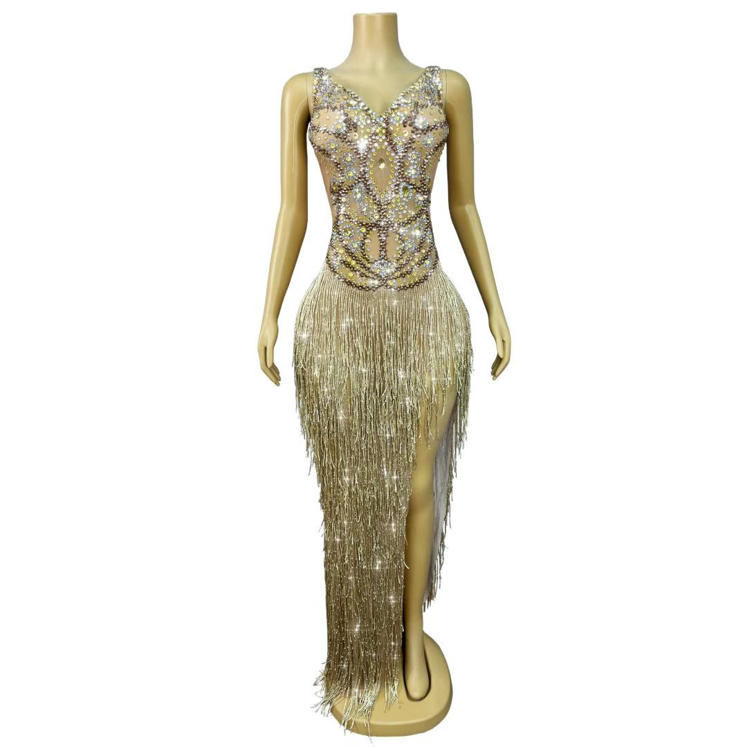 CELESINYI Shengjie Crystal Gold Fringe Slit Gown
