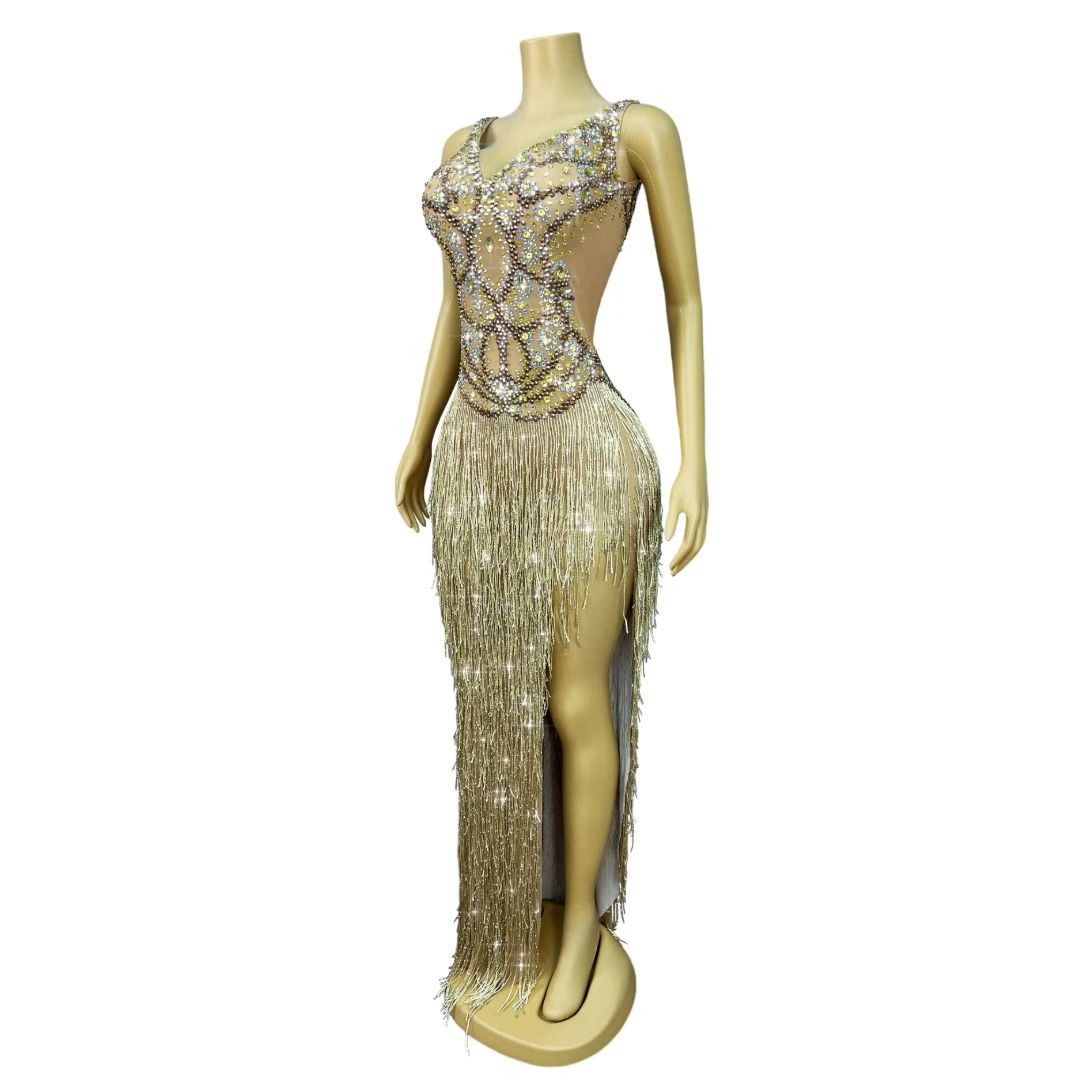 CELESINYI Shengjie Crystal Gold Fringe Slit Gown