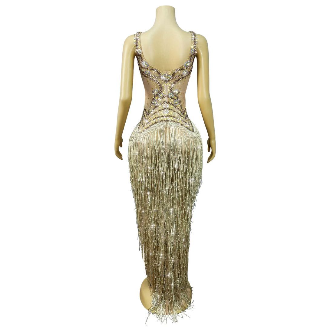 CELESINYI Shengjie Crystal Gold Fringe Slit Gown