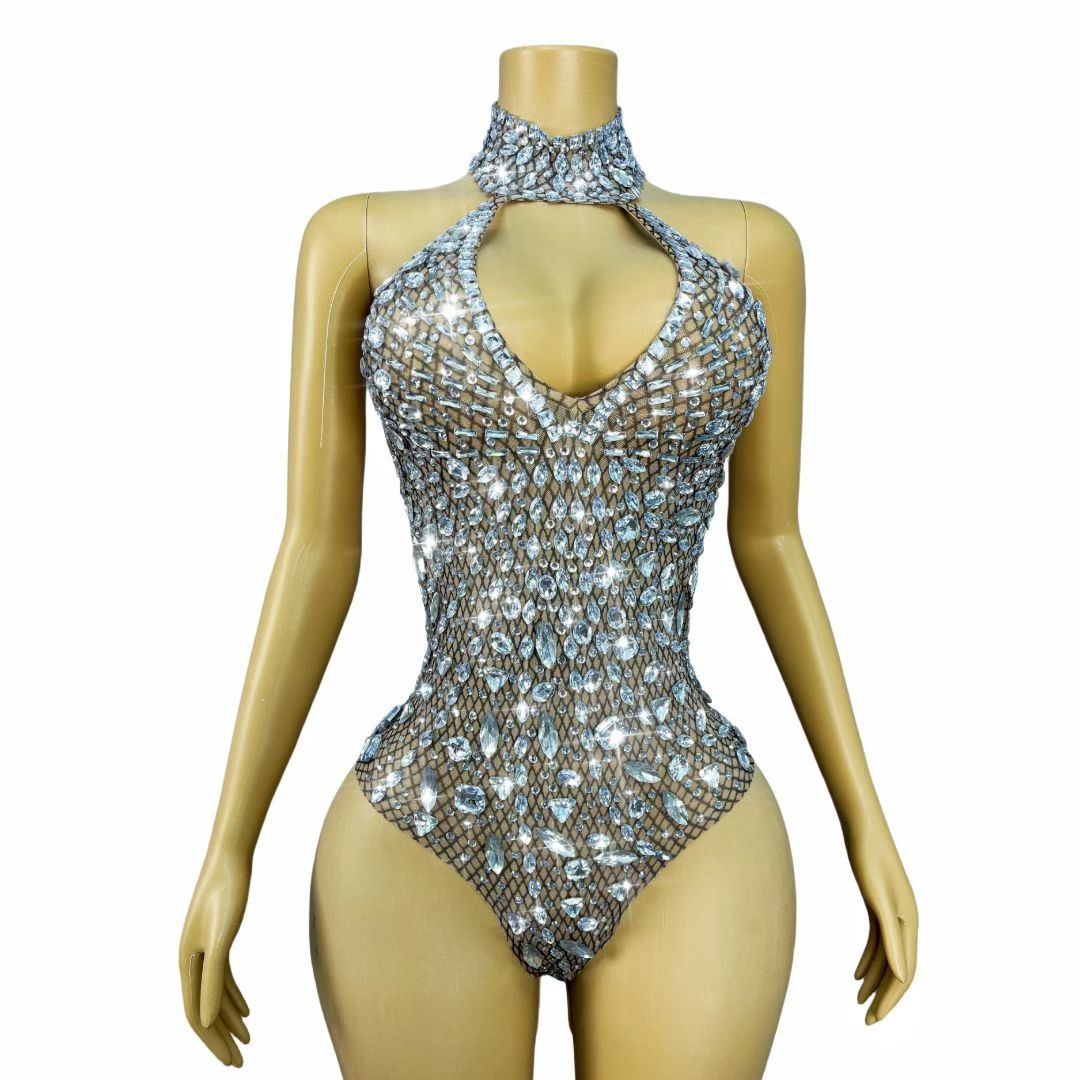CELESINYI Juanhua Crystal Fishnet Keyhole Bodysuit
