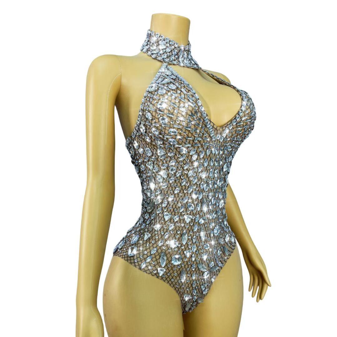 CELESINYI Juanhua Crystal Fishnet Keyhole Bodysuit