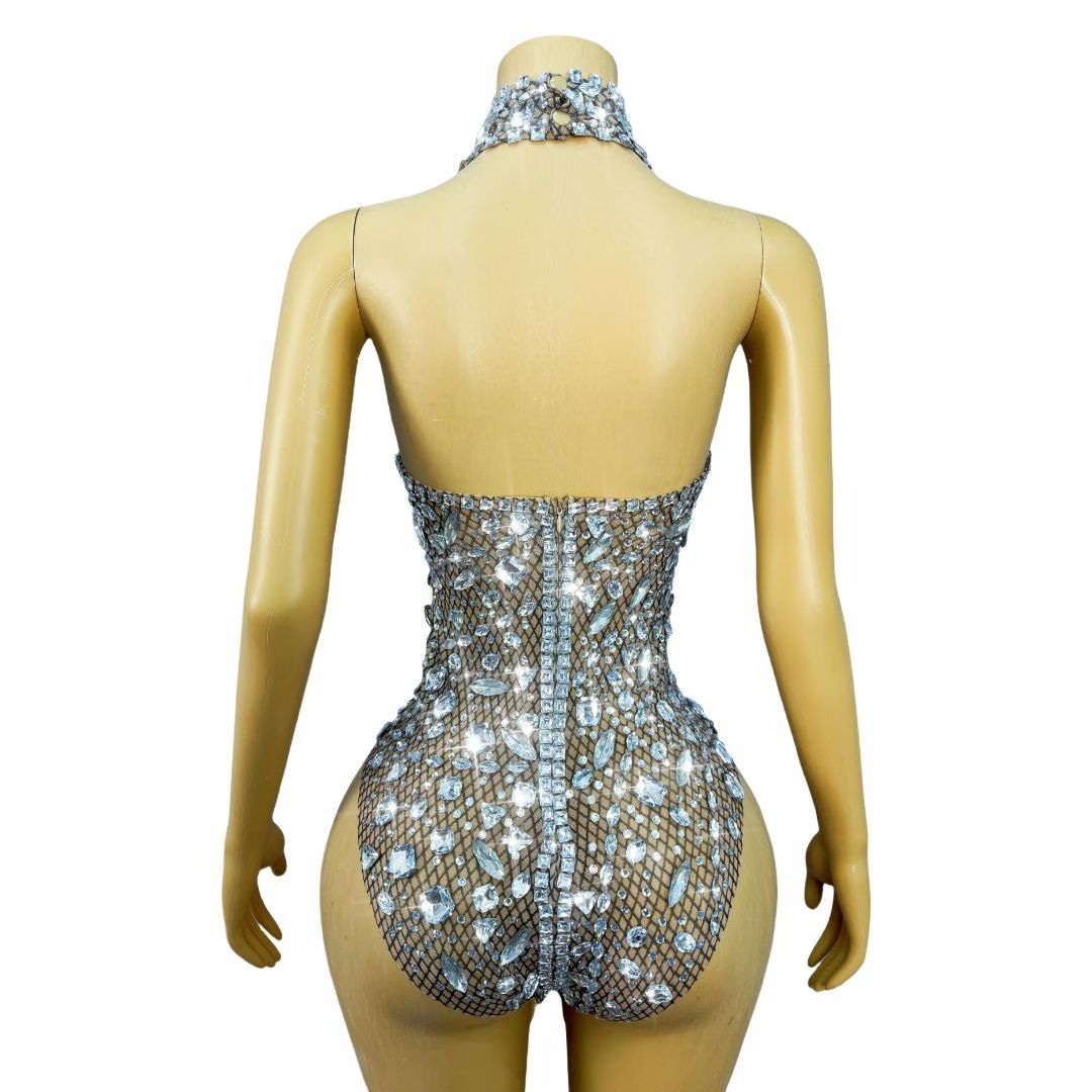 CELESINYI Juanhua Crystal Fishnet Keyhole Bodysuit