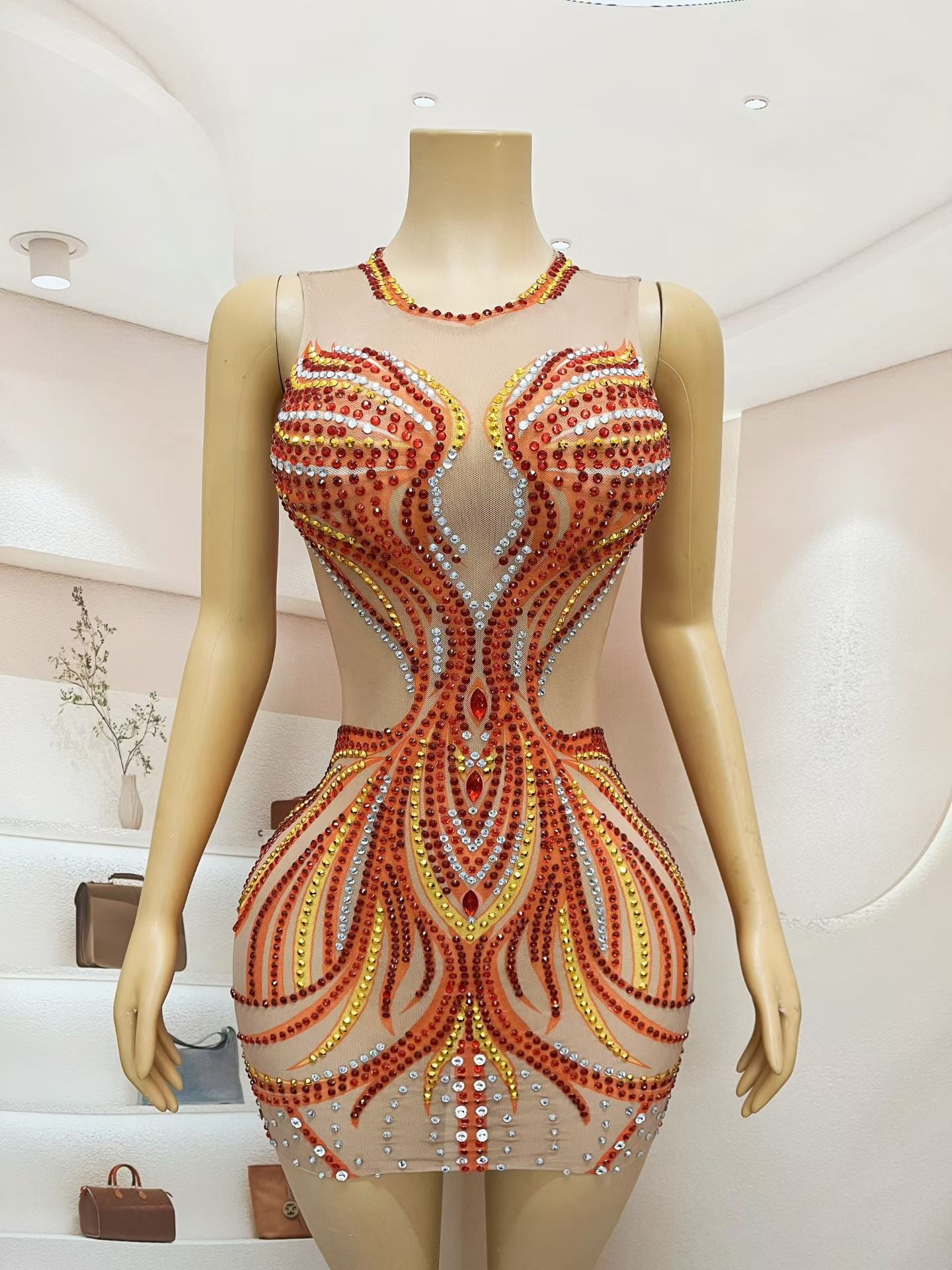 CELESINYI Huoshaoyun Crystal Sunset Flame Mini Dress